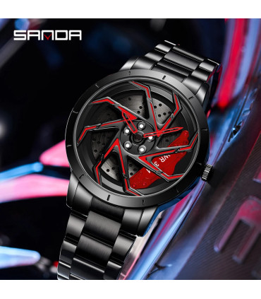 [Steel Blue Red] SANDA-Montre de sport étanche en acier inoxydable pour homme, jante de voiture