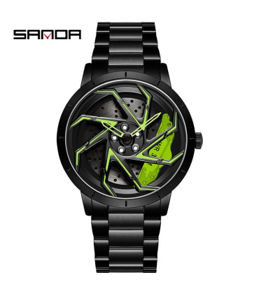 [Steel Black Green] SANDA-Montre de sport étanche en acier inoxydable pour homme, jante de voit