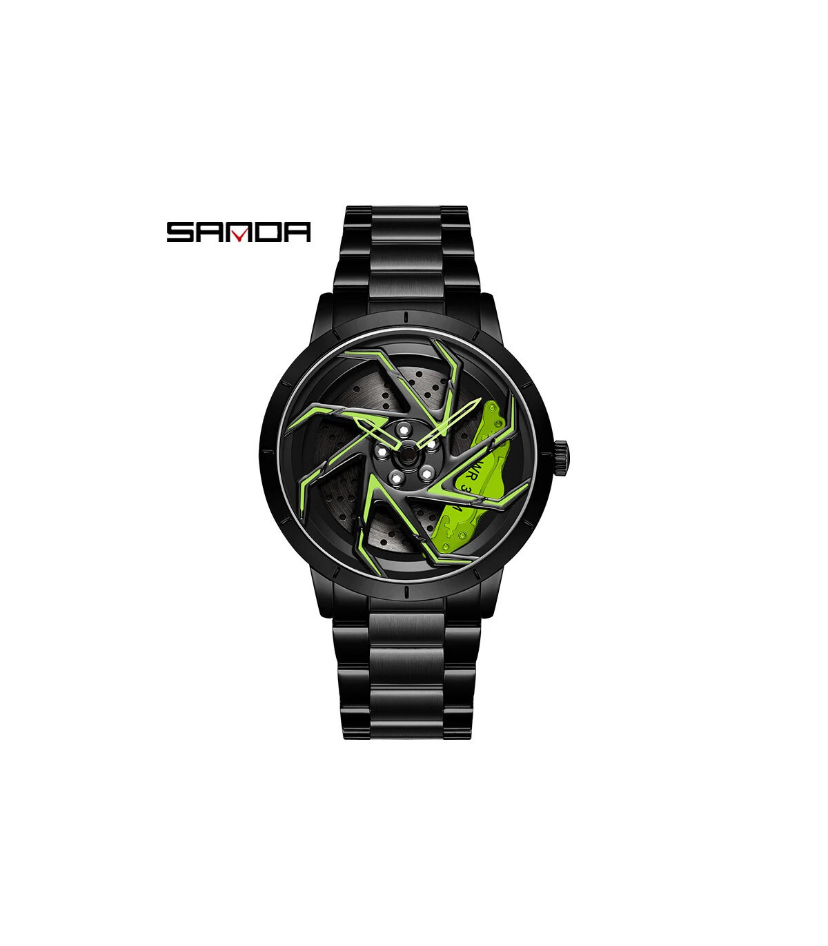 [Steel Black Green] SANDA-Montre de sport étanche en acier inoxydable pour homme, jante de voit