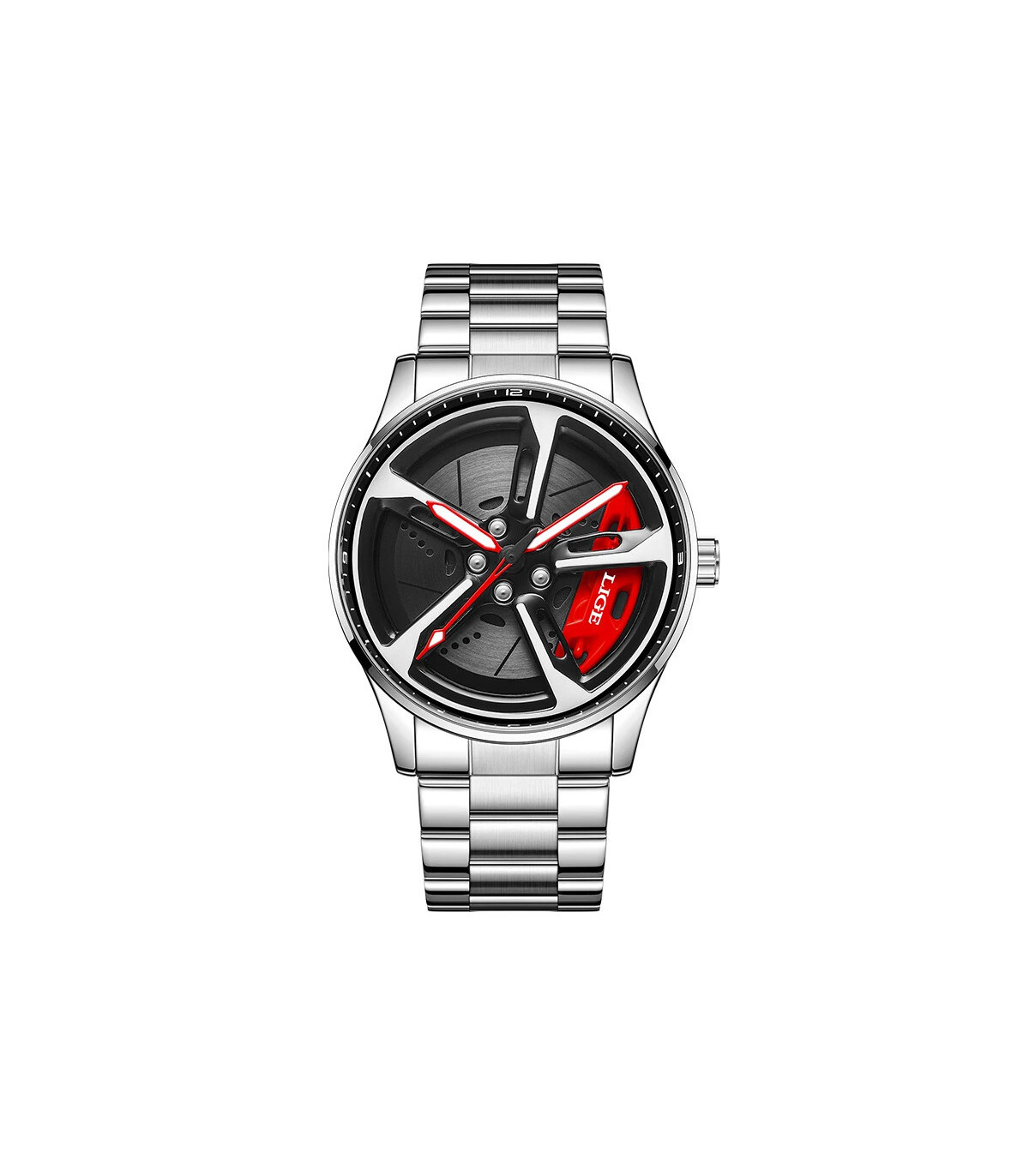 [Silver red] LIGE nouveau sport hommes voiture roue montres affaires étanche montre à Quartz po
