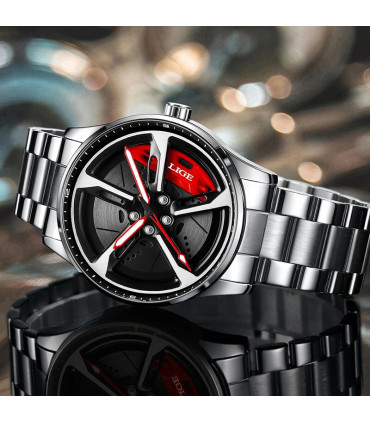 [Silver red] LIGE nouveau sport hommes voiture roue montres affaires étanche montre à Quartz po