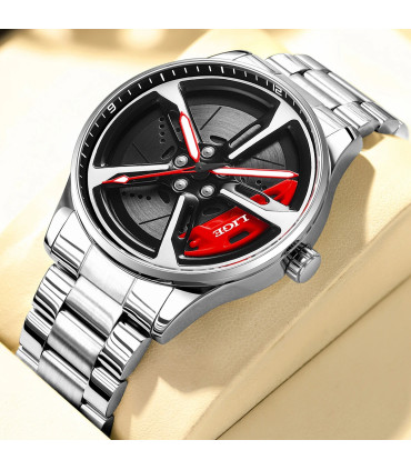 [Silver red] LIGE nouveau sport hommes voiture roue montres affaires étanche montre à Quartz po