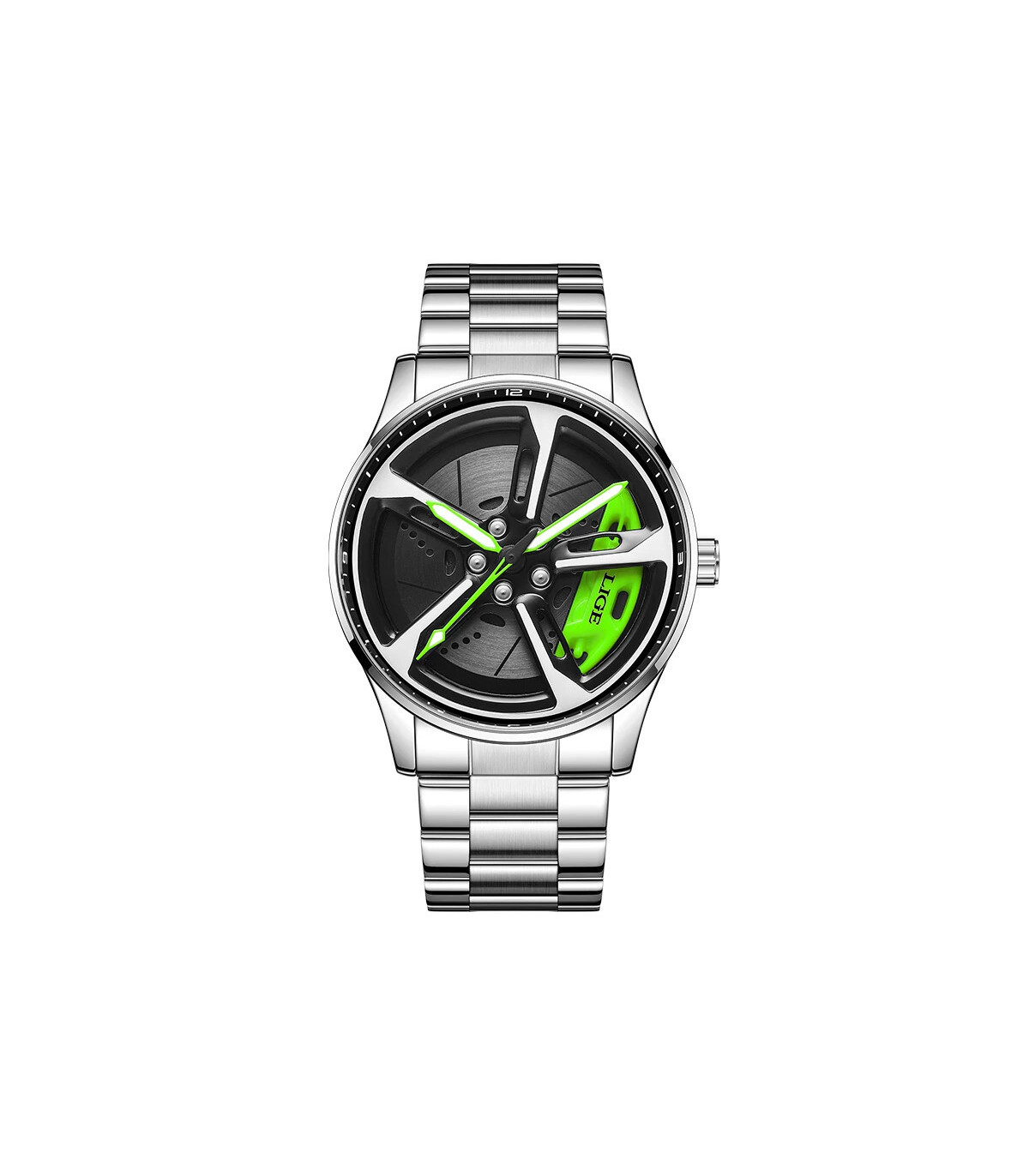 [Silver green] LIGE nouveau sport hommes voiture roue montres affaires étanche montre à Quartz 