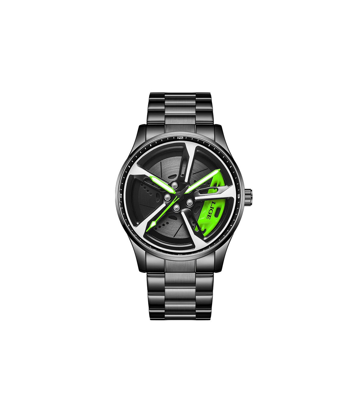 [Black green] LIGE nouveau sport hommes voiture roue montres affaires étanche montre à Quartz p