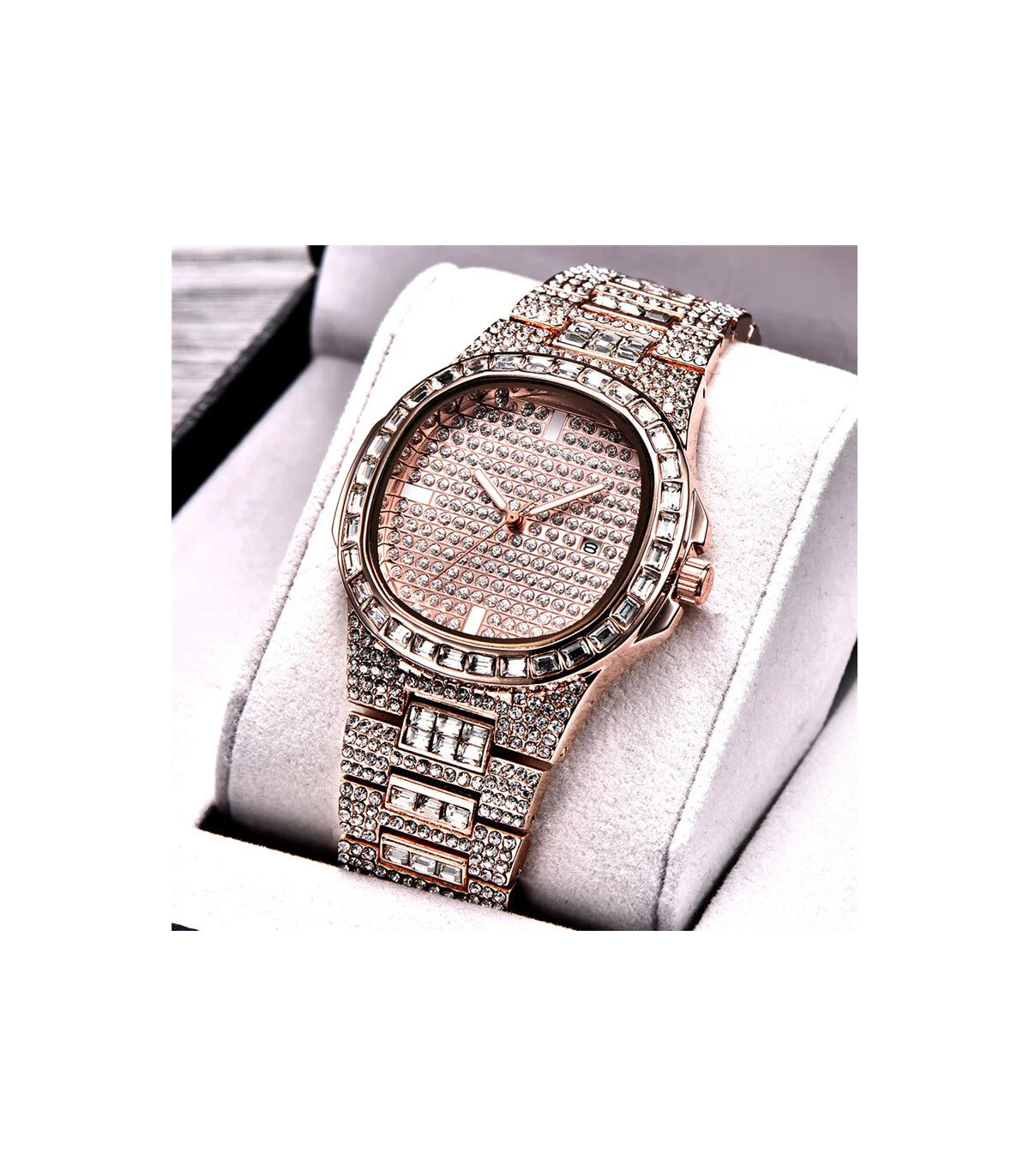 [Argent Oui] Montre de luxe vintage pour homme, bracelet en alliage, diamant, doré, date, quart