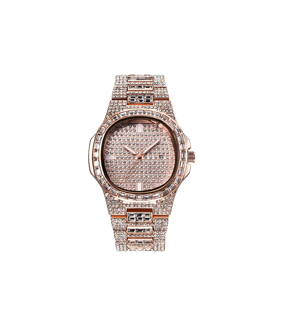 [Rose Oui] Montre de luxe vintage pour homme, bracelet en alliage, diamant, doré, date, quartz,