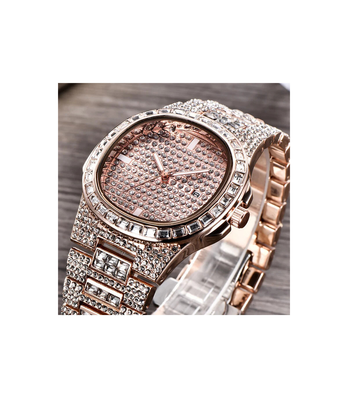 [Rose Oui] Montre de luxe vintage pour homme, bracelet en alliage, diamant, doré, date, quartz,