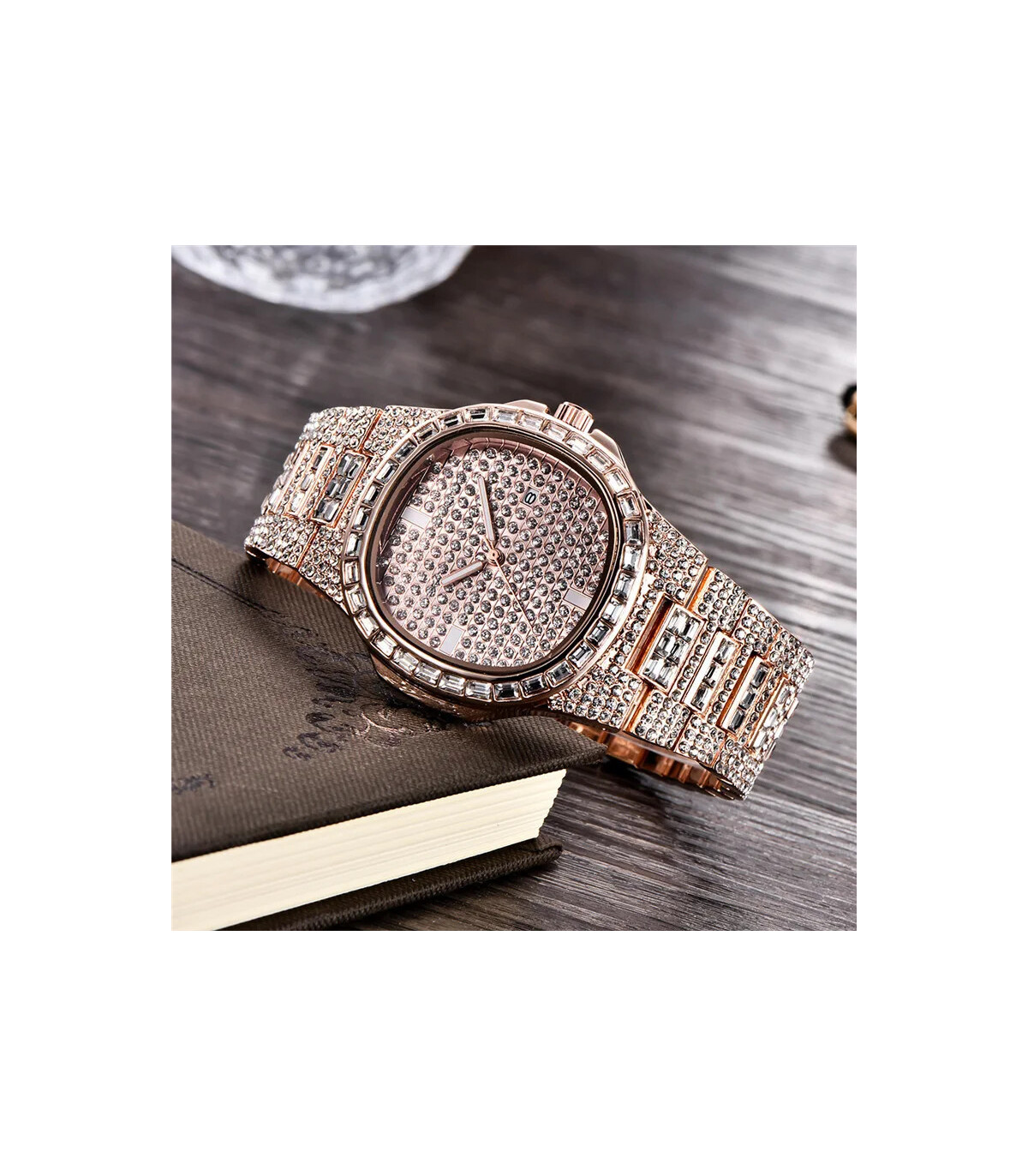 [Rose Oui] Montre de luxe vintage pour homme, bracelet en alliage, diamant, doré, date, quartz,