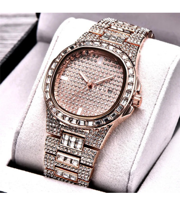 [Rose Oui] Montre de luxe vintage pour homme, bracelet en alliage, diamant, doré, date, quartz,