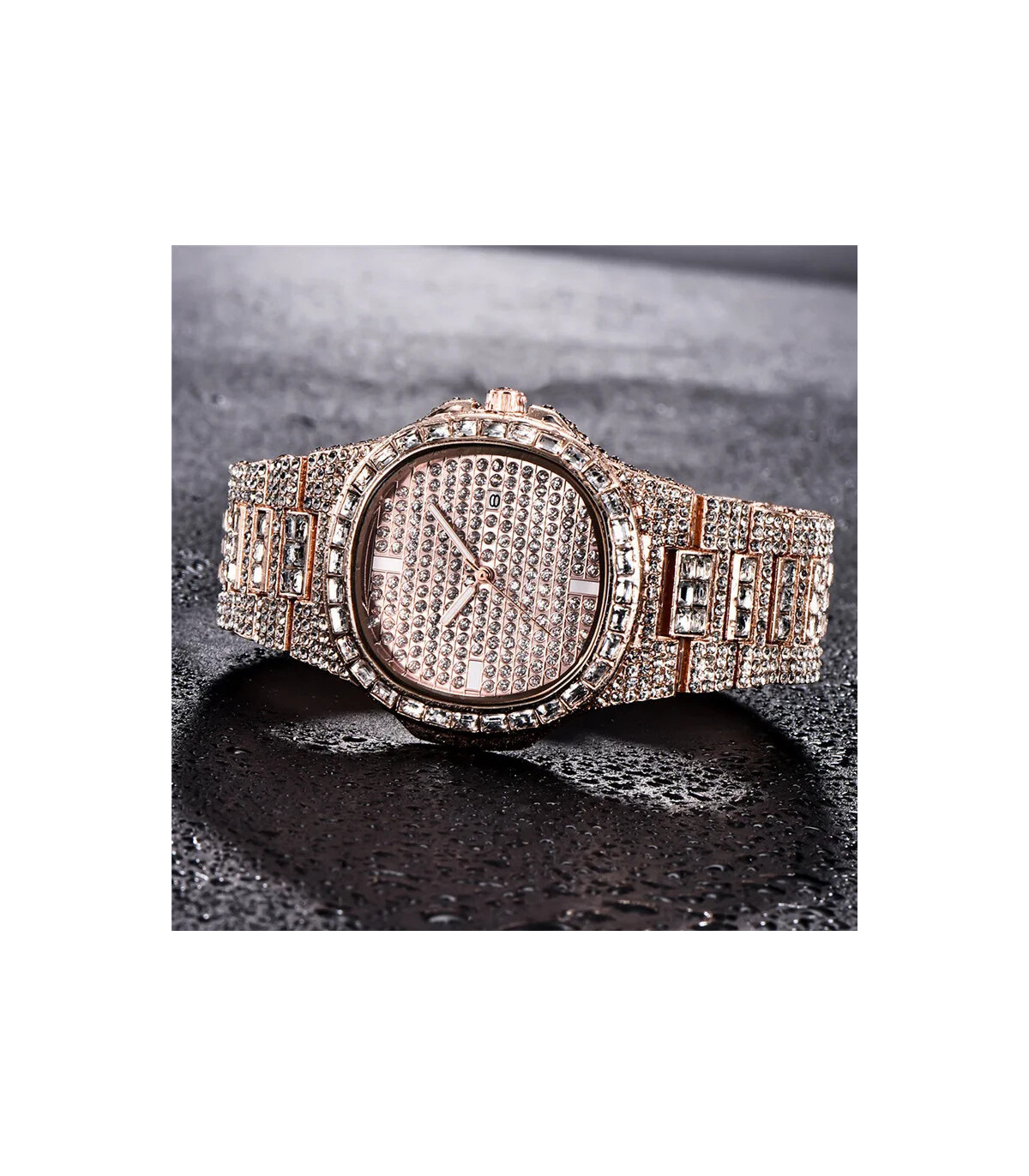 [Black Oui] Montre de luxe vintage pour homme, bracelet en alliage, diamant, doré, date, quartz