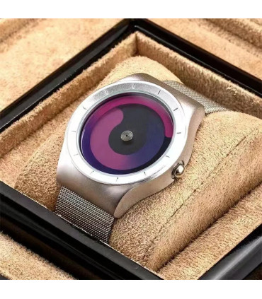 [Silver red] Montre à quartz Vortex Pointless pour homme, style créatif, couple apprenant et vi