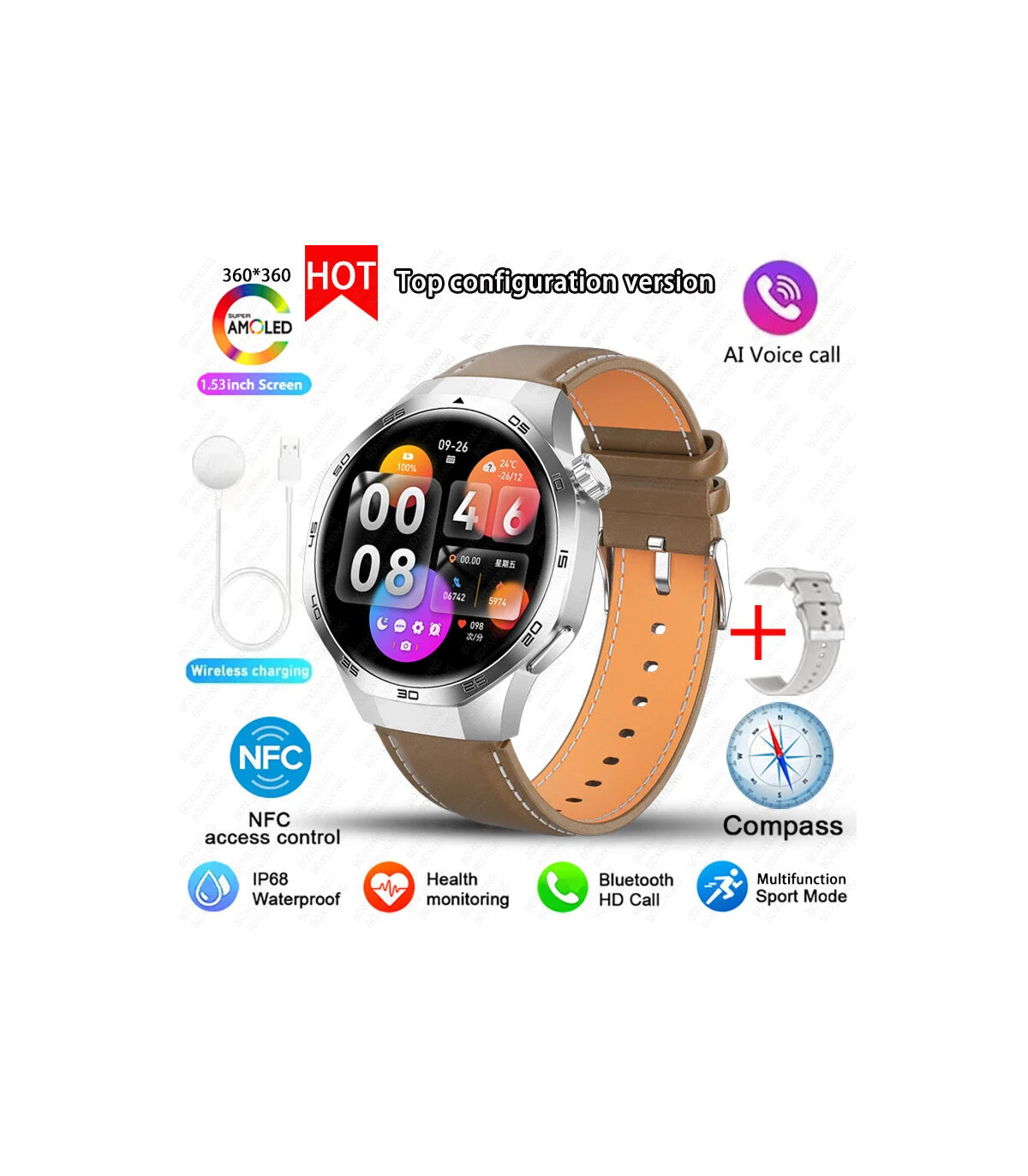 [GPS NFC Watch GT5Pro Brown leather] Nouveau pour Huawei montre GT5 Pro montre intelligente HD 