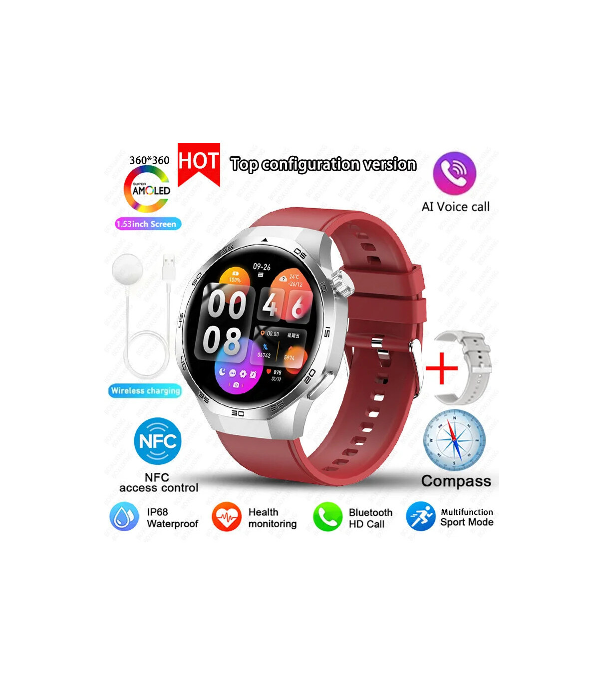 [GPS NFC Watch GT5Pro Silver red] Nouveau pour Huawei montre GT5 Pro montre intelligente HD AMO