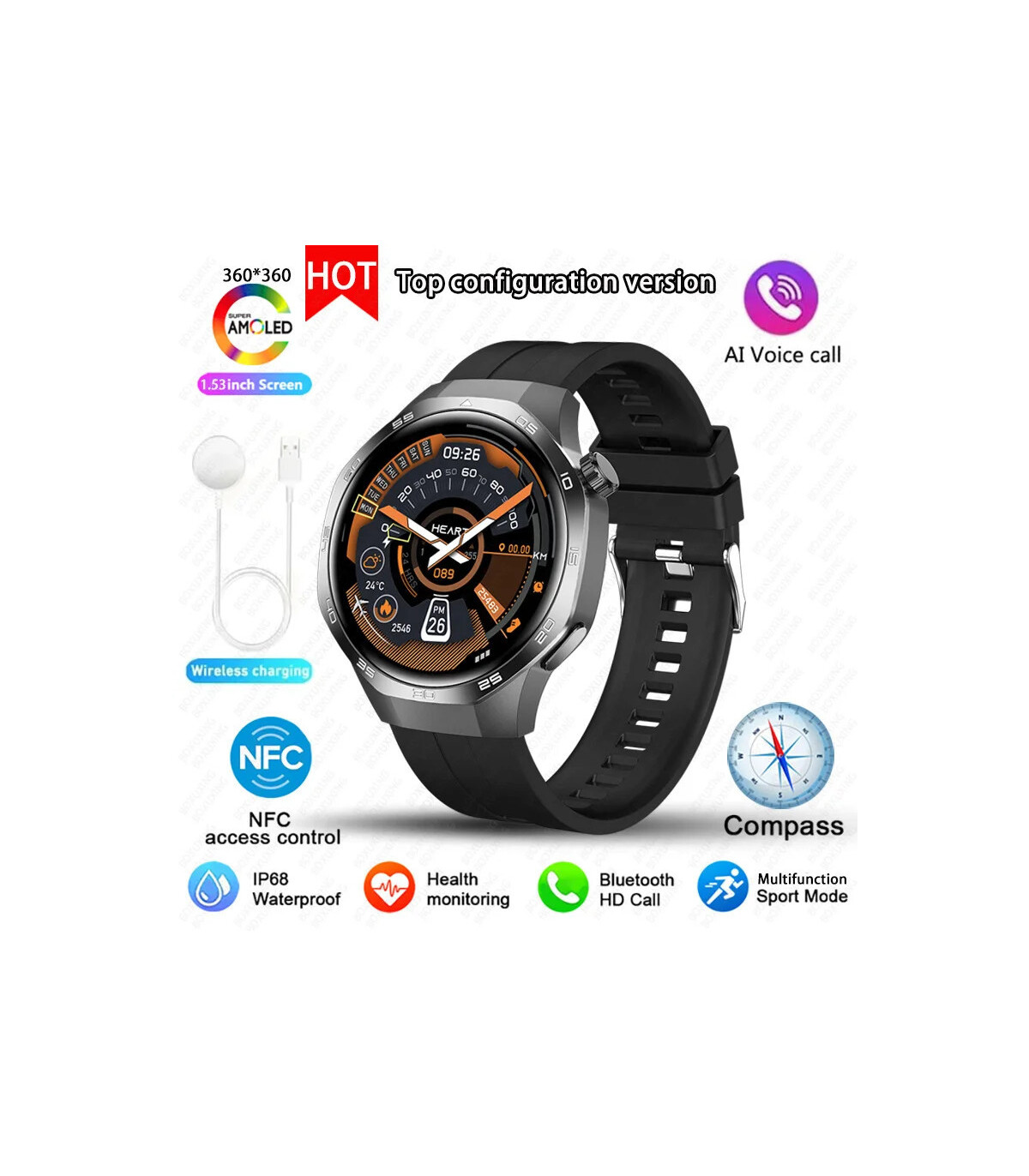 [GPS NFC Watch GT5Pro Black] Nouveau pour Huawei montre GT5 Pro montre intelligente HD AMOLED é