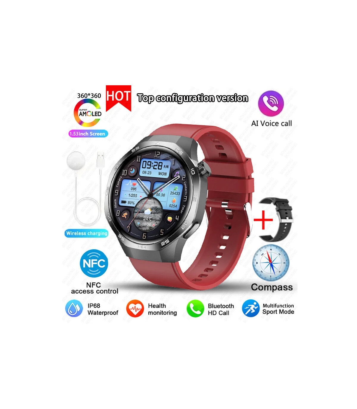[GPS NFC Watch GT5Pro Black red] Nouveau pour Huawei montre GT5 Pro montre intelligente HD AMOL